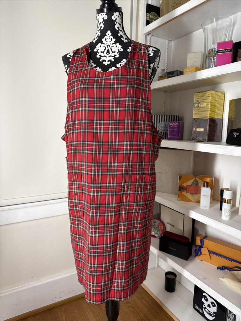 Vintage Women's Red Green Tartan Plaid Sleeveless Grunge Sheath Dress XL Retro
